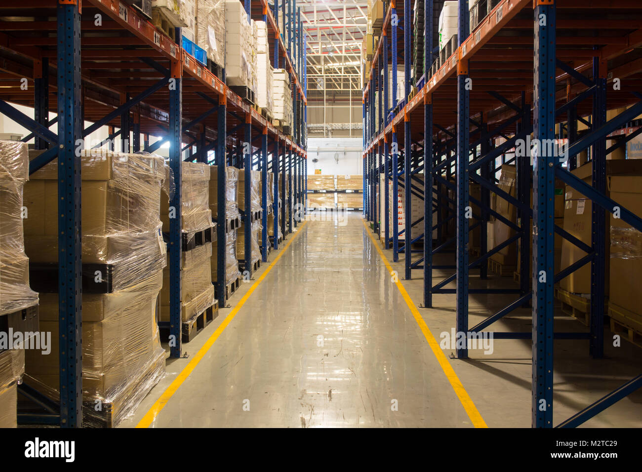 warehouse. Rows of shelves with boxes Stock Photo Alamy