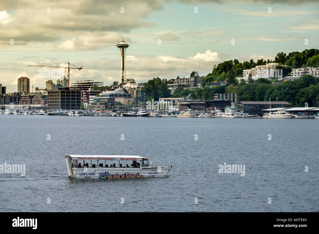 Duck tour on Lake Union with Space Needle Stock Photo