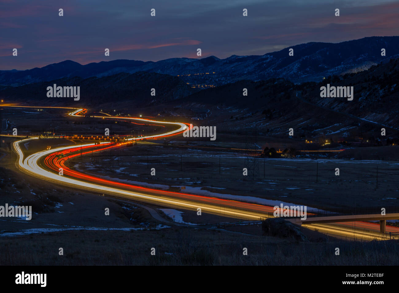 A long exposure on the freeway near Red Rocks Amphitheater, in Colorado. Stock Photo