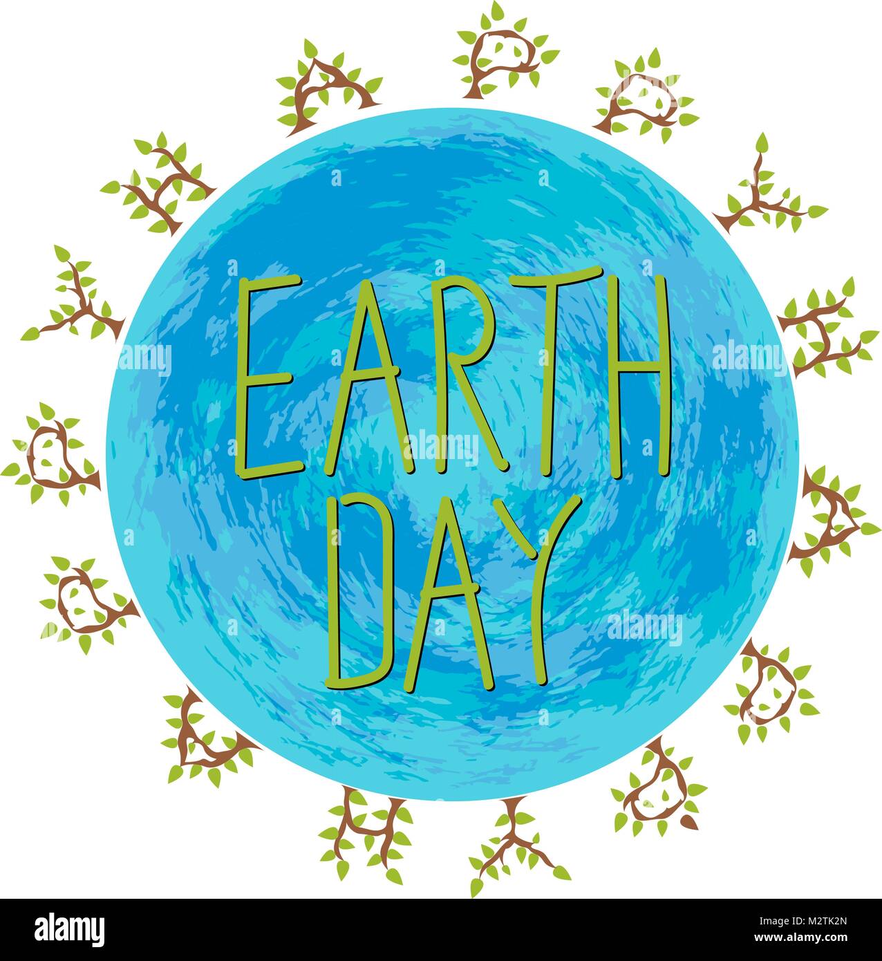 Earth Day Illustration. Planet Earth. Grunge effect. Lettering. The word happy in the form of trees around Stock Vector