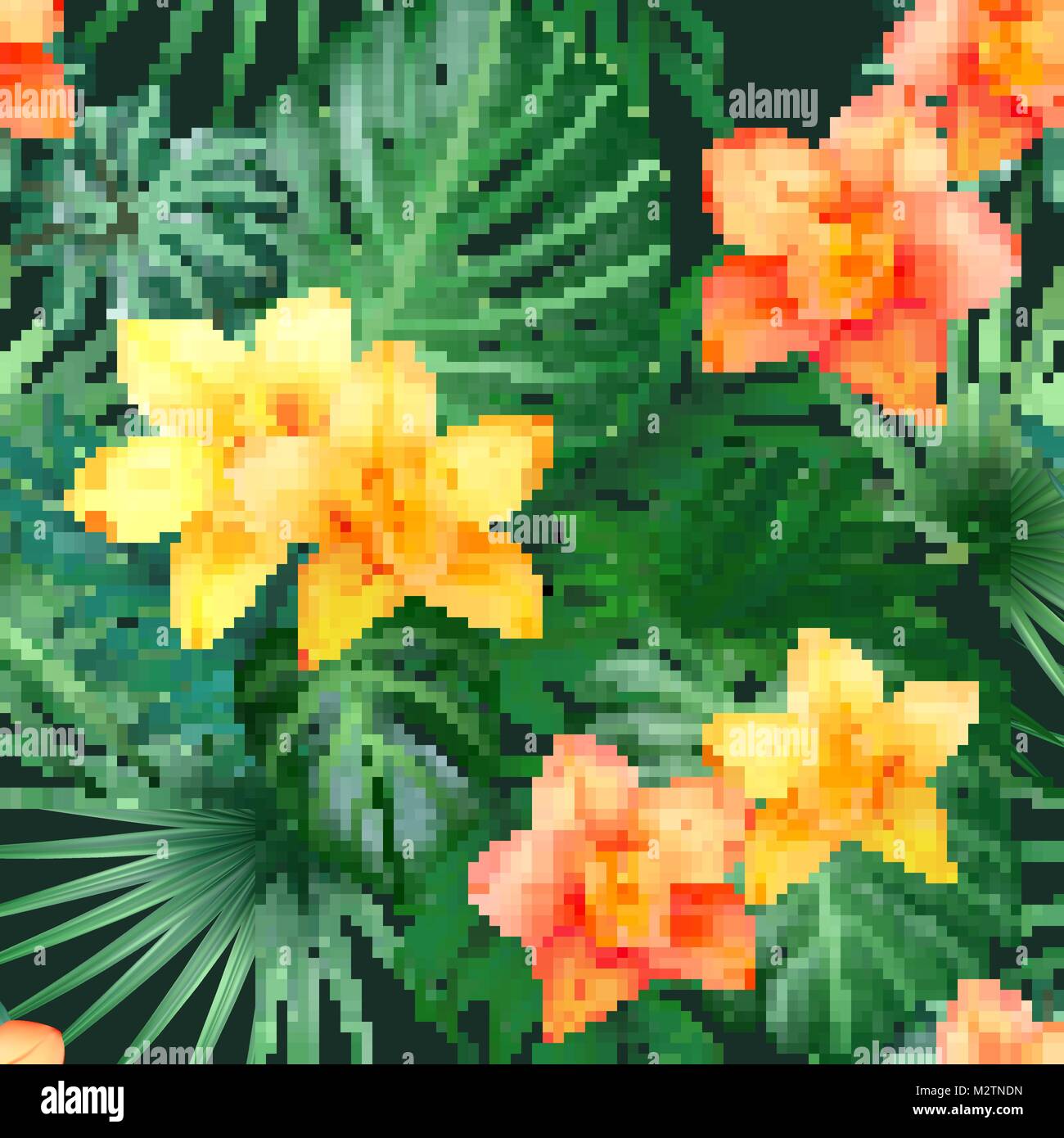 Tropical Palm Leaves and Orchid Flowers Background. Seamless Pattern in ...