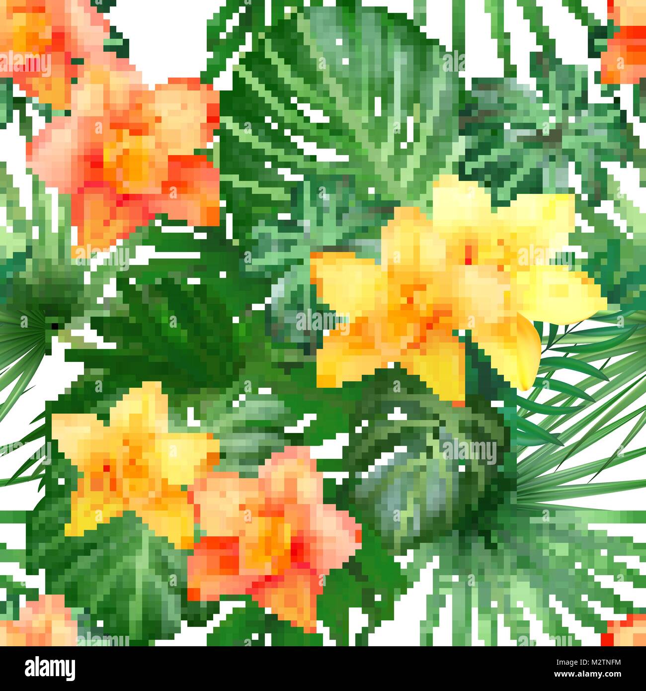 Tropical seamless pattern with palm leaves and flowers. Vector ...