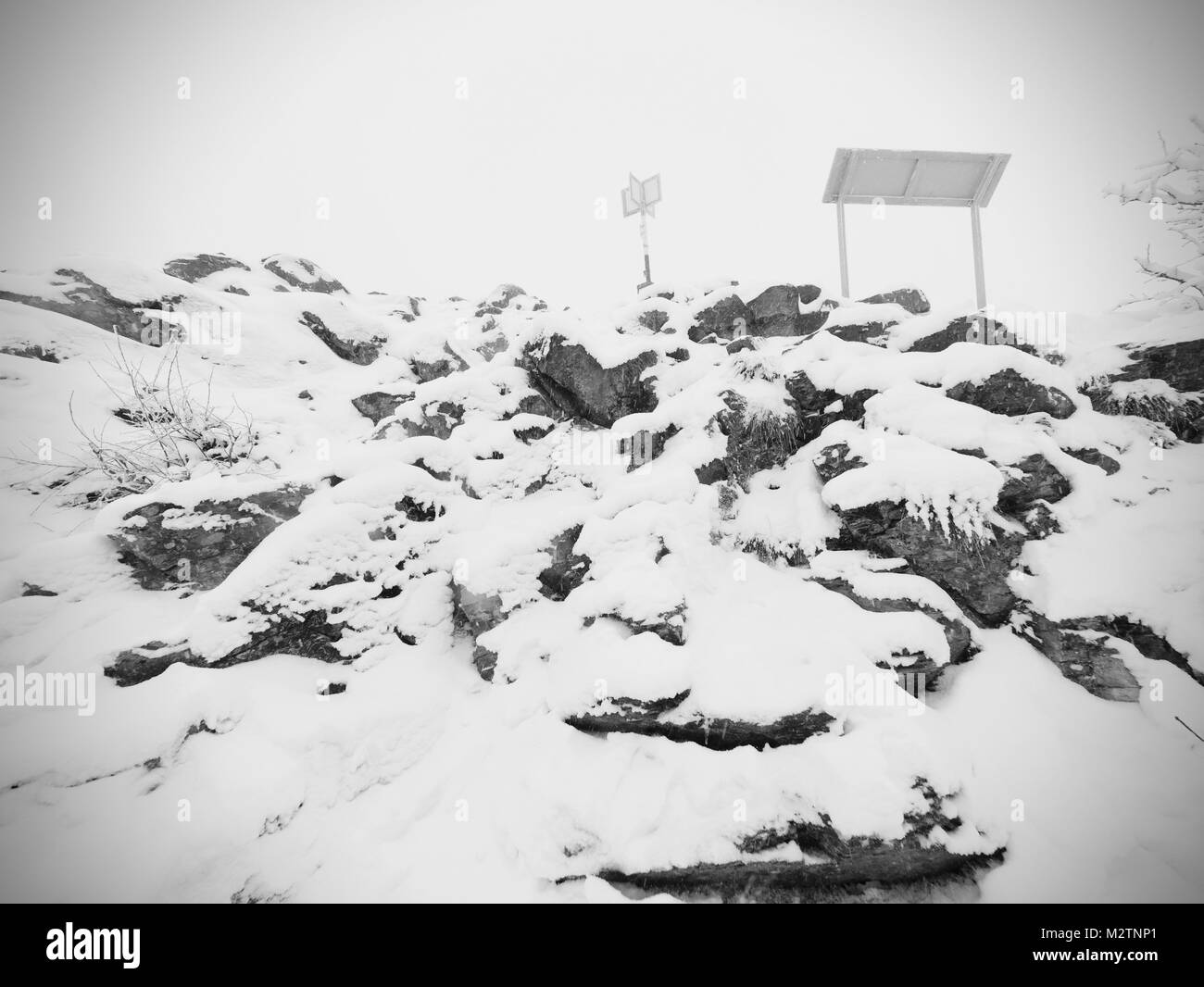 Brash hillside. extreme terrain with fresh powder snow, path hidden in