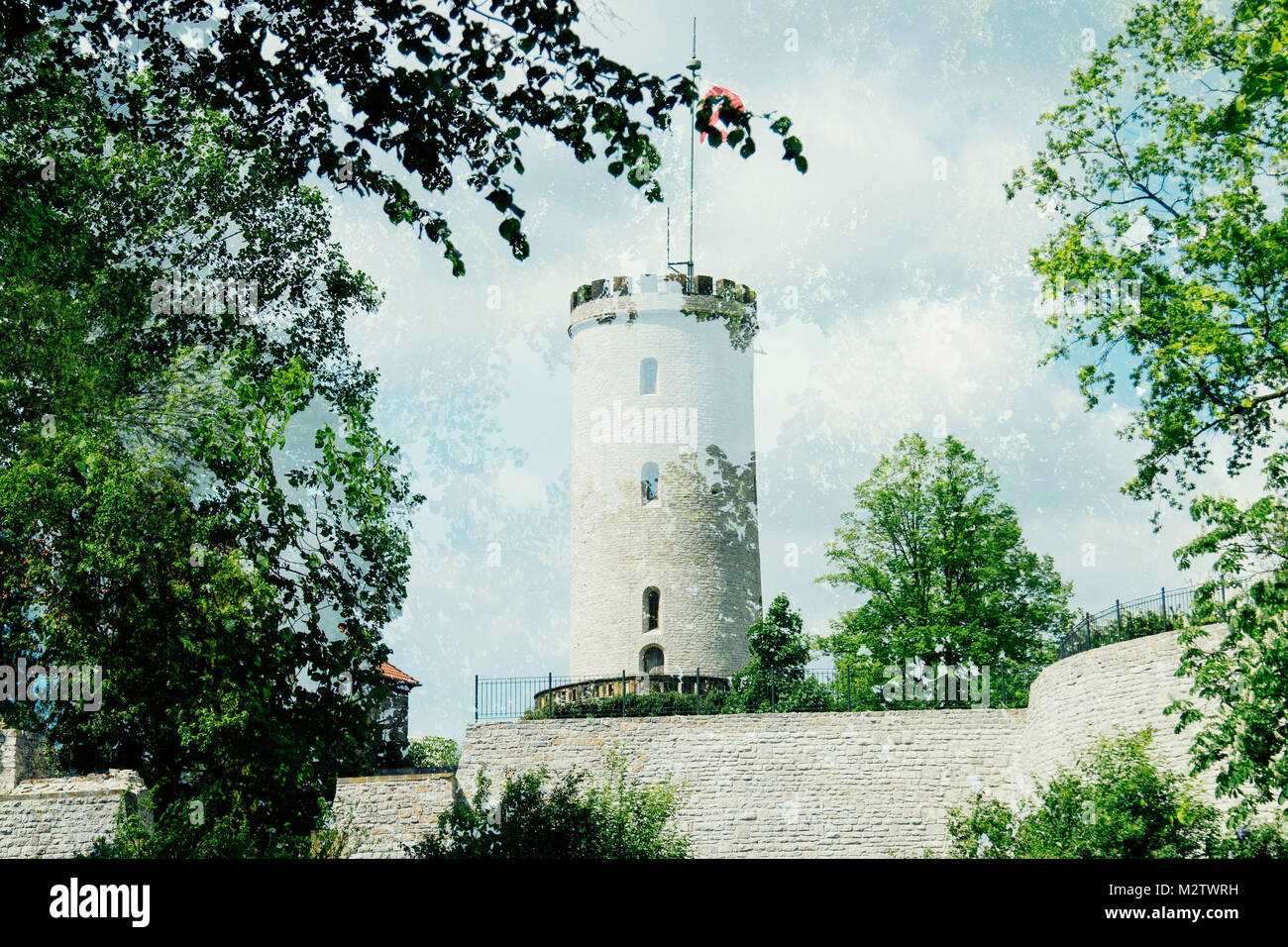 Double exposure of the Sparrenberg Castle / Sparrenburg with the green of the trees in the spring Stock Photo