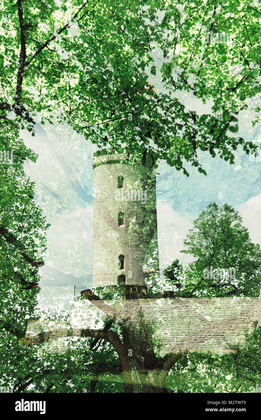 Double exposure of the Sparrenberg Castle / Sparrenburg with the green of the trees in the spring Stock Photo