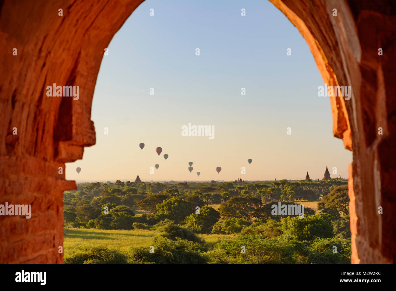 Bagan: view from temple Taung Guni Paya, balloons, , Mandalay Region, Myanmar (Burma) Stock Photo
