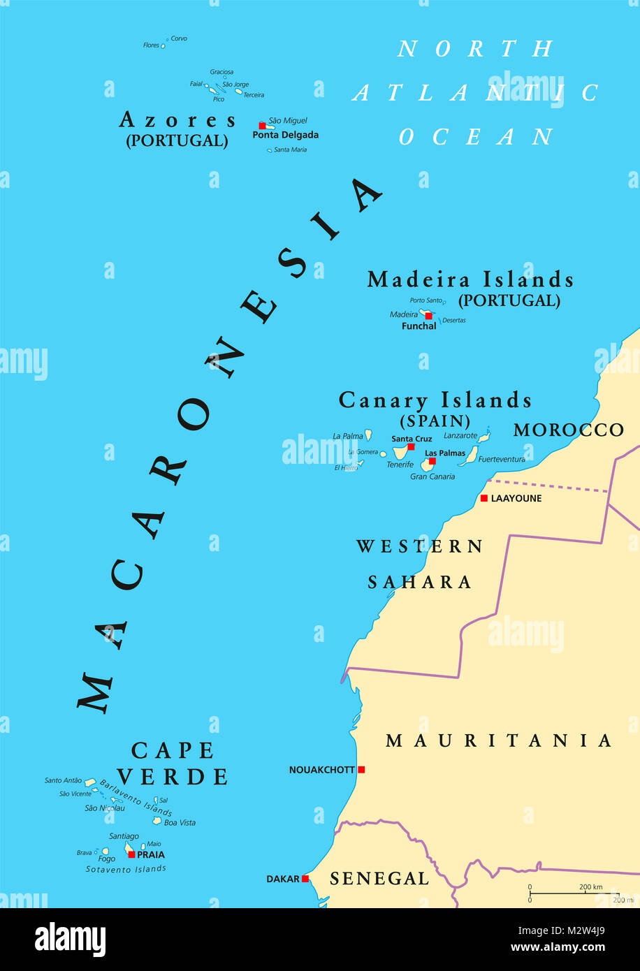 Macaronesia political map. Azores, Cape Verde, Madeira and Canary Islands. Collection of four archipelagos in the North Atlantic Ocean. Stock Photo