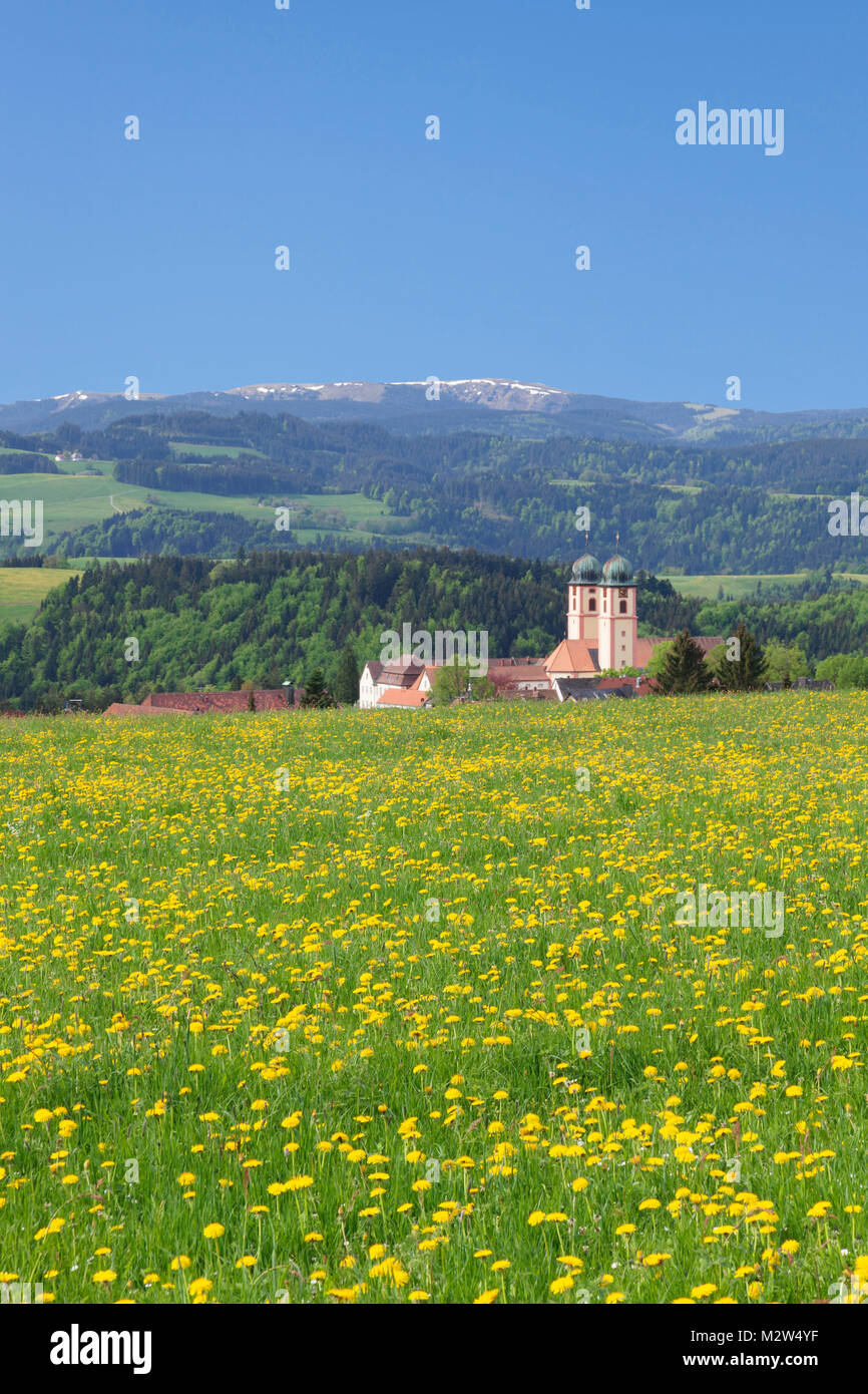 St. Märgen close minster in the spring, behind the field mountain, Glottertal, Black Forest, Baden-Wurttemberg, Germany Stock Photo