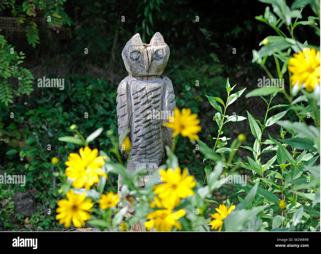 wooden owl for decoartion in the close to nature garden, carved out from a trunk with a chainsaw, in front of it of blossoming topinambour Stock Photo