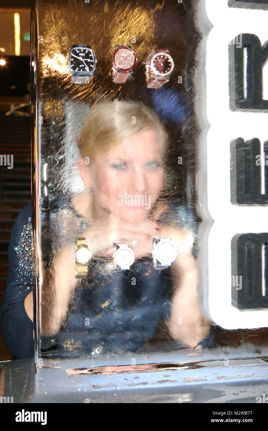 Eva Habermann schaut durch einen Eisblock mit eingefrorenen Uhren, Bering Arctic Night Shoperoeffnung in der Europa Passage, Hamburg, 16.10.2014 Stock Photo