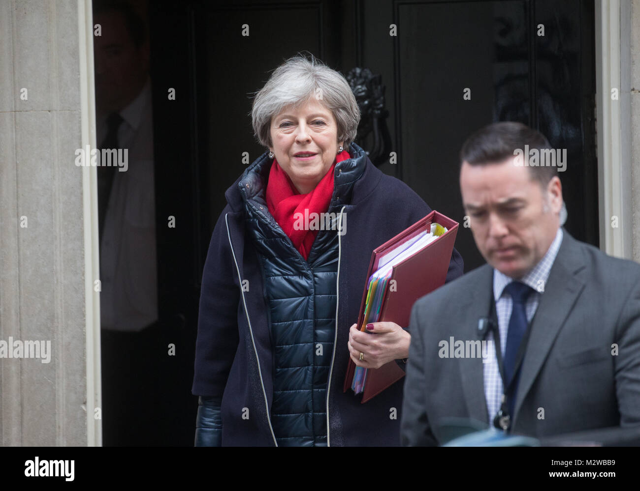 British Prime Minister, Theresa May, leaves number 10 Downing Street on her way to Prime Ministers questions in the House of Commons Stock Photo