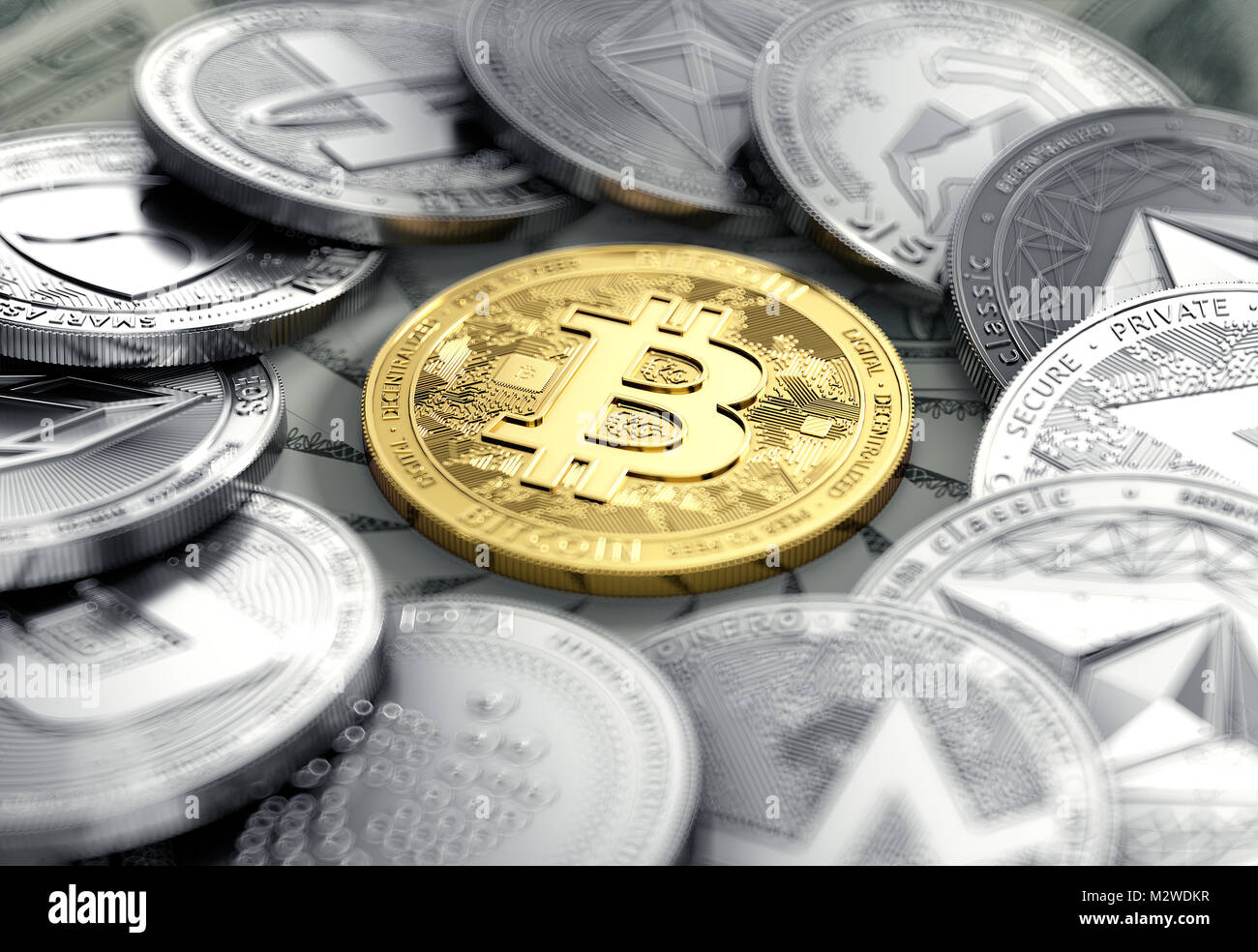 Bitcoin in the middle of cryptocurrency coins circle laying on dollar bills  in blurry macro shot. Bitcoin in the center of attention concept. 3D rende  Stock Photo - Alamy