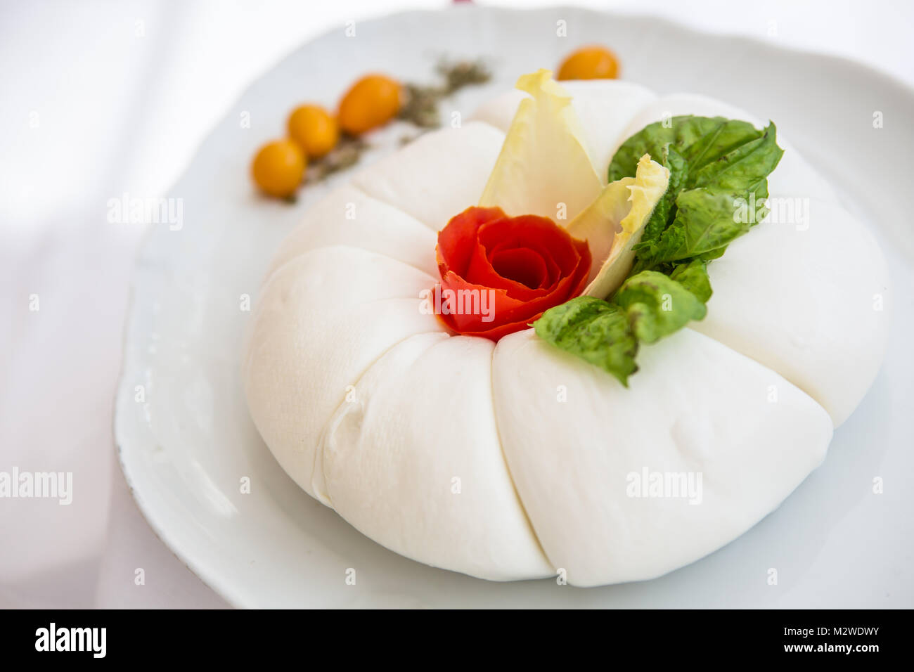 Mozzarella with tomatos and basil leaves Stock Photo - Alamy