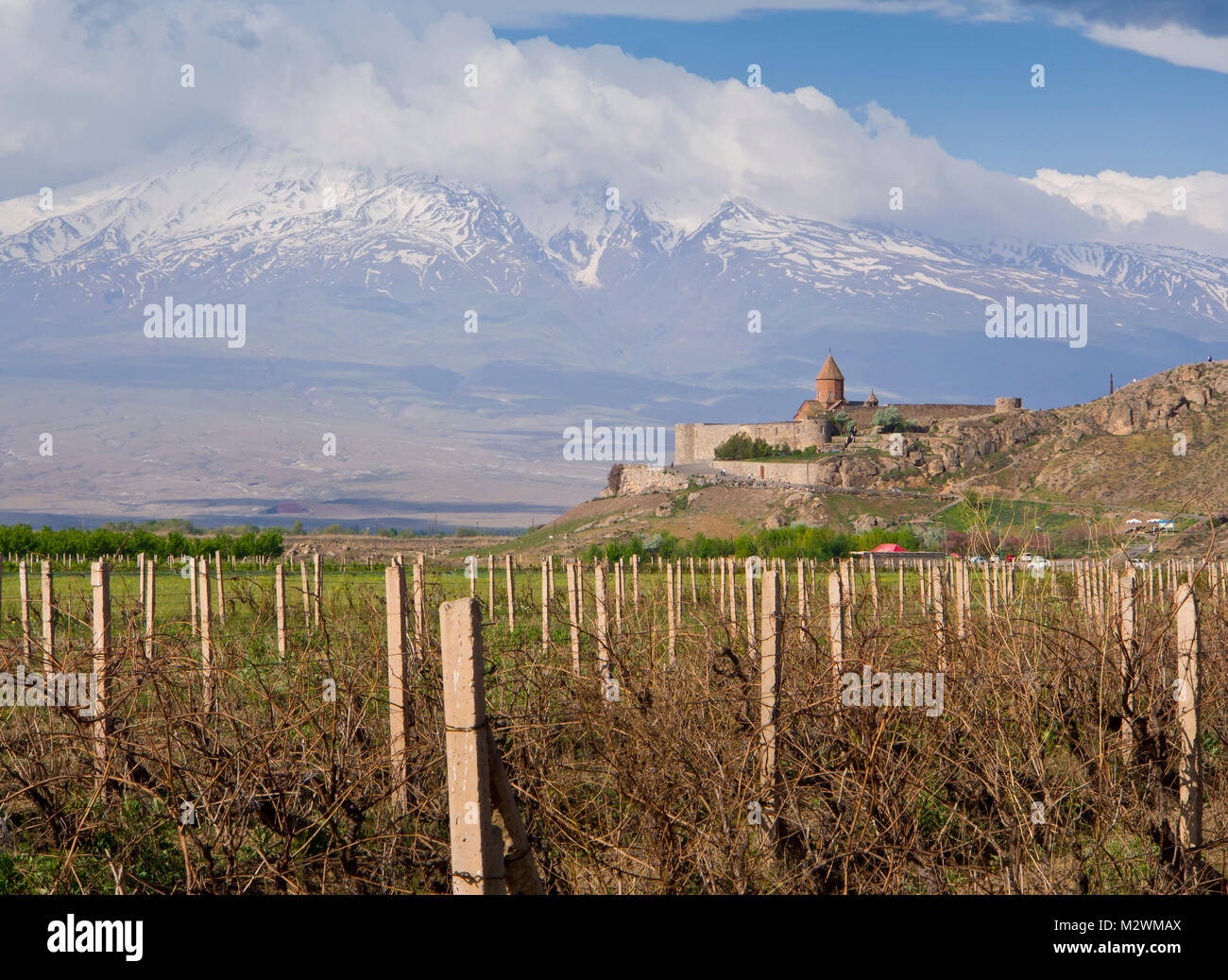 The Khor Virap monastery in Armenia and vineyards, with Ararat mountain behind, a popular and picturesque tourist destination on the Turkish border Stock Photo