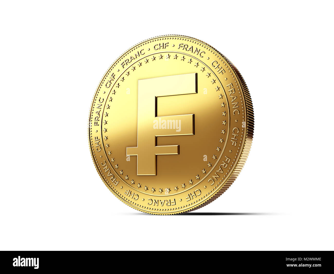 Franc (CHF) sign on golden coin. Photo realistic 3D rendering isolated on white background Stock Photo