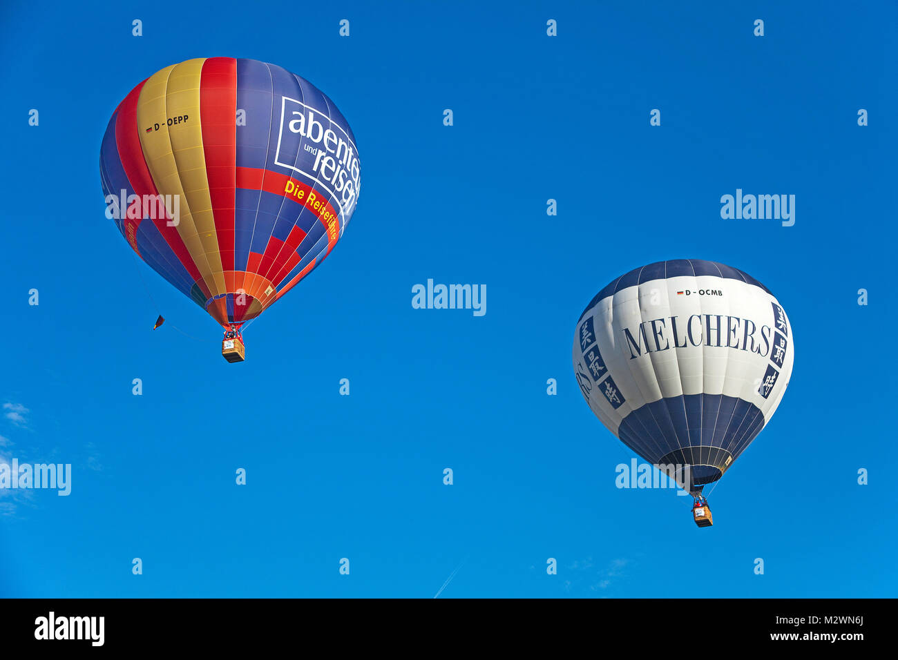 Hot-air ballons in flight, Moselle hot-air ballon festival at airport Trier-Foehren, Foehren, Rhineland-Palatinate, Germany, Europe Stock Photo