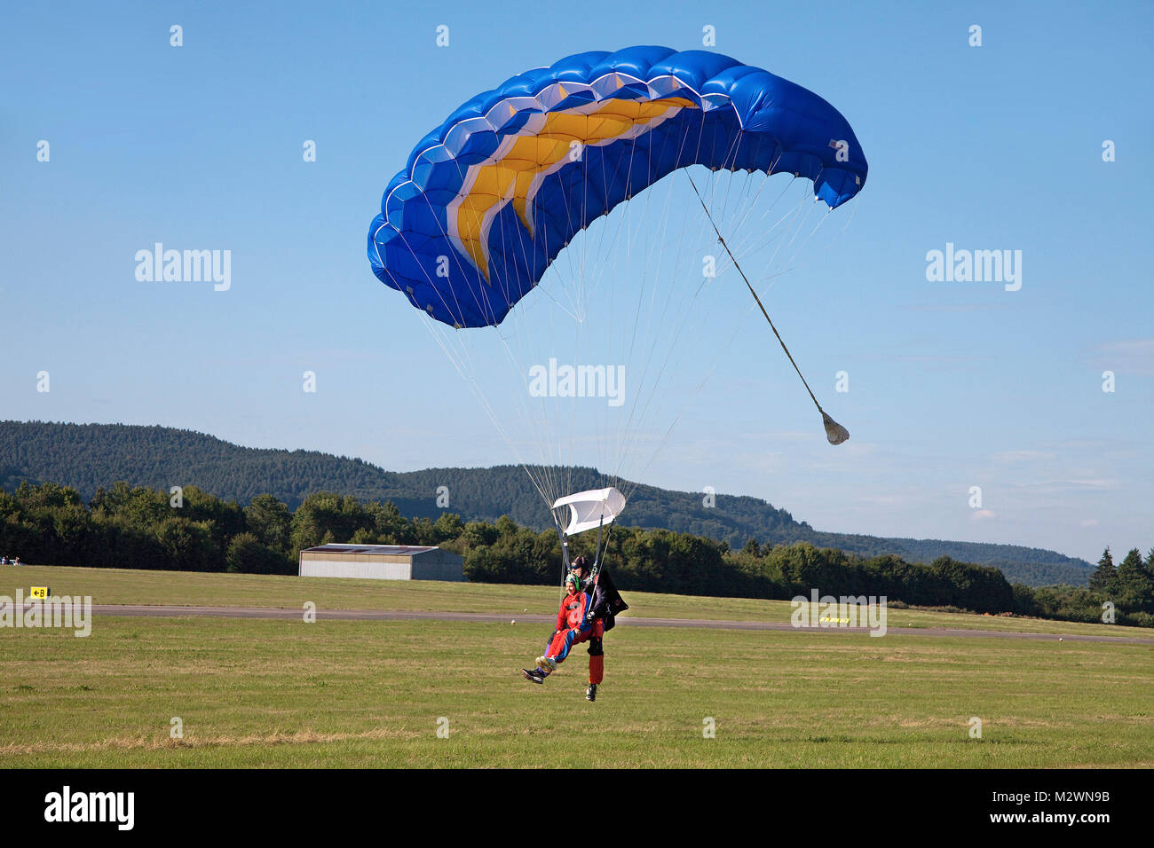 Landing paraglider, tandem jump, airport of Trier-Foehren, Foehren, Rhineland-Palatinate, Germany, Europe Stock Photo