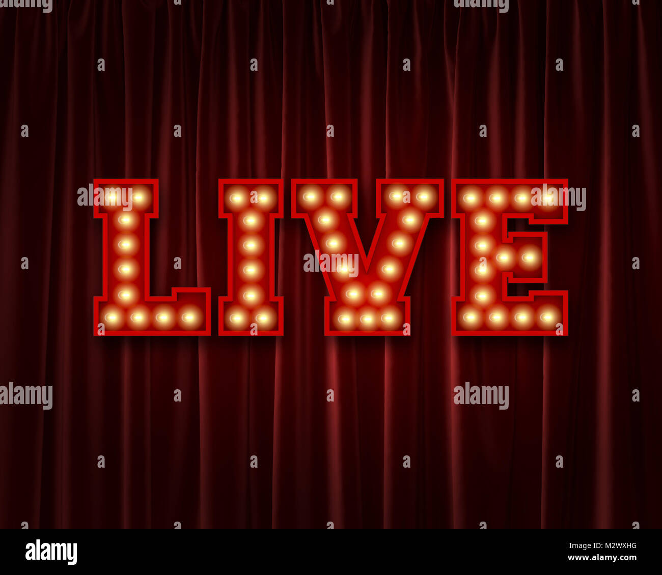 Live lightbulb lettering word against a red theatre curtain. 3D Rendering  Stock Photo - Alamy, image size:1300x1130