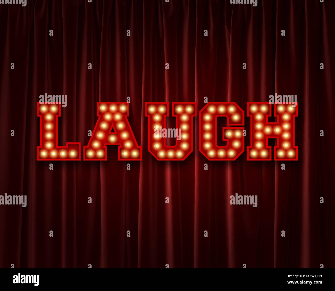 Laugh lightbulb lettering word against a red theatre curtain. 3D Rendering Stock Photo