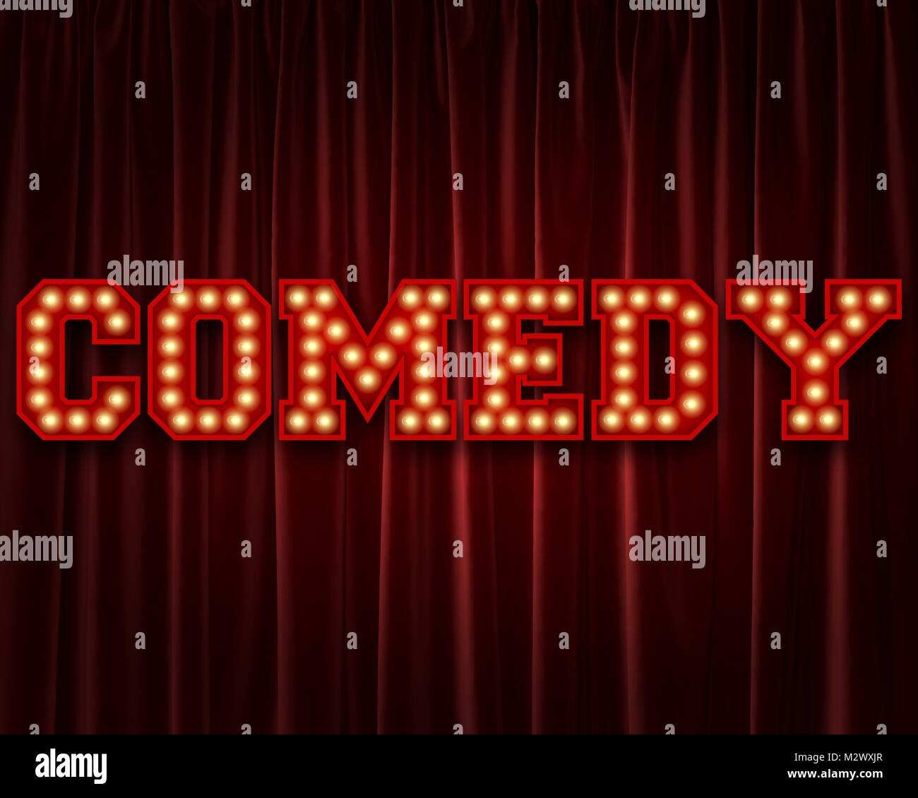 Comedy lightbulb lettering word against a red theatre curtain. 3D Rendering Stock Photo