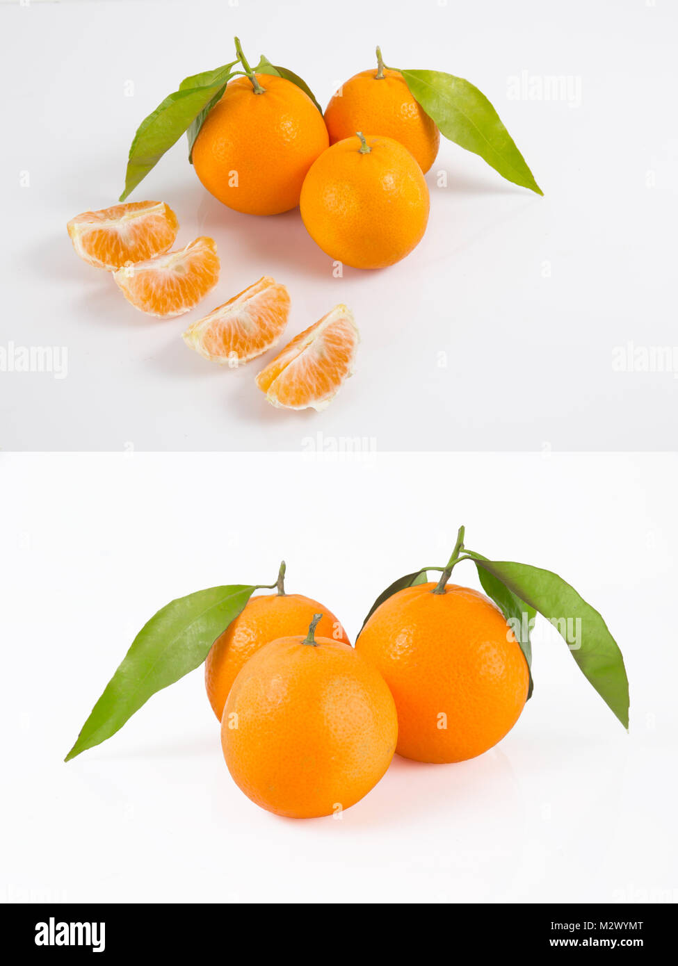 Isolated citrus collection. Whole tangerines or mandarin orange fruits and peeled segments