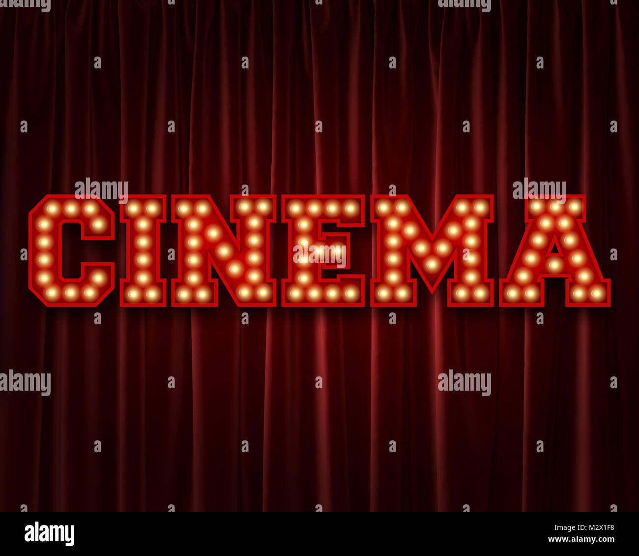 Cinema lightbulb lettering word against a red theatre curtain. 3D ...
