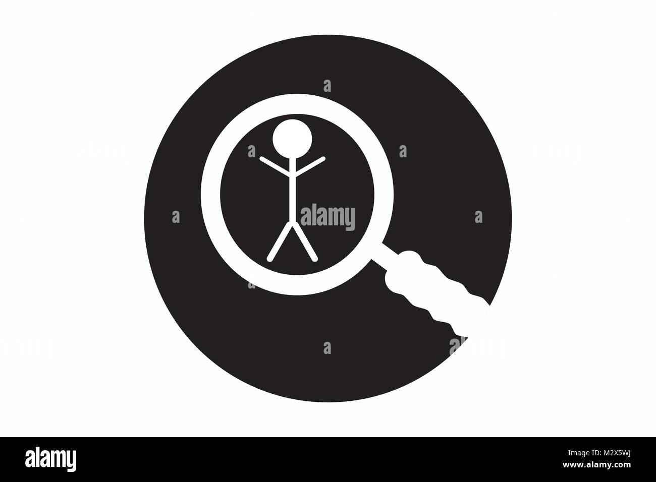 View profile icon, visit profile symbol, find friends icon, search somebody icon, illustration of stickman viewed under magnifying glass/ magnifier Stock Vector
