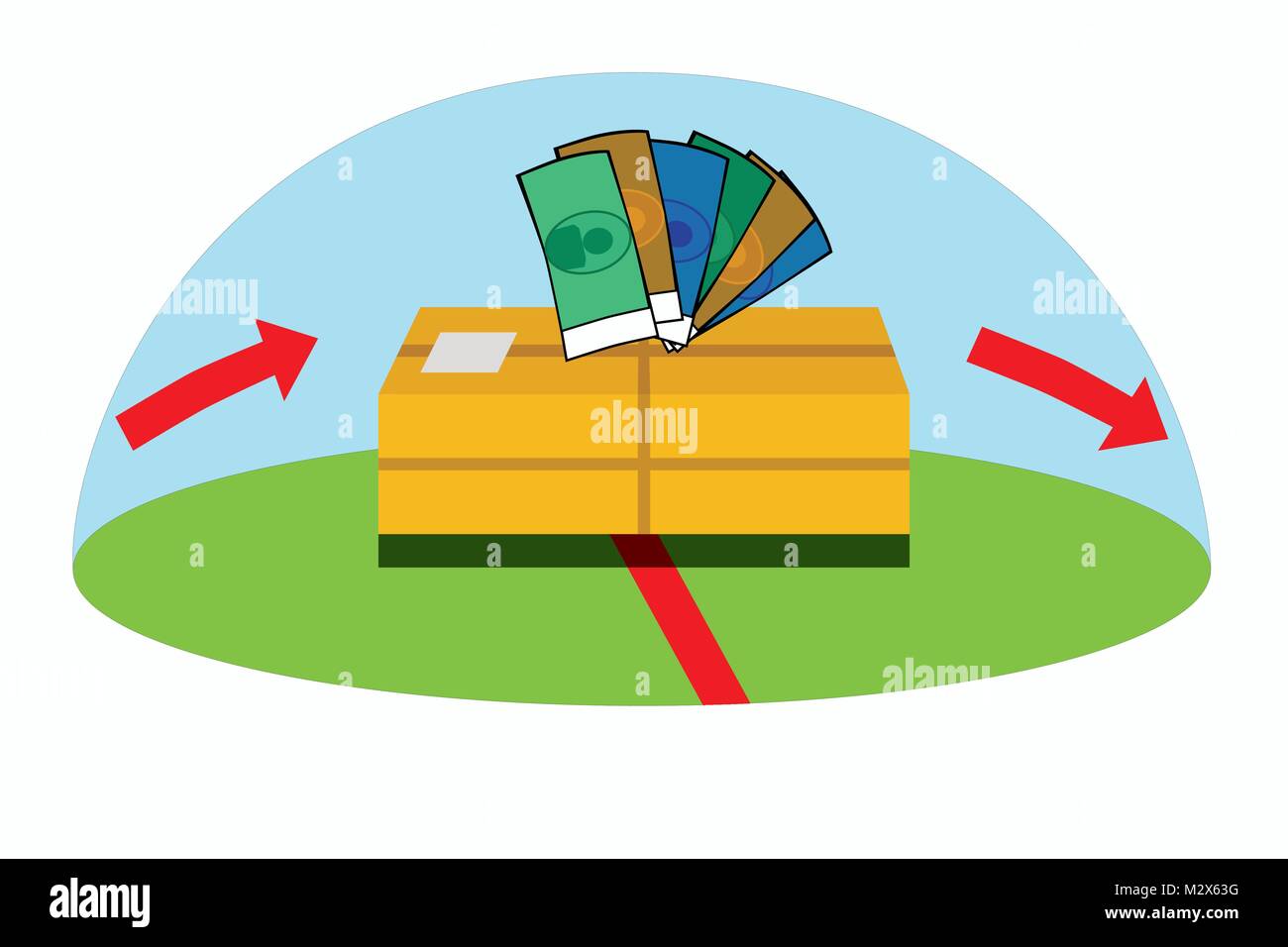 Illustration of package passing country border and duties have to be paid, vector of export/import taxes on goods and products in international trade Stock Vector