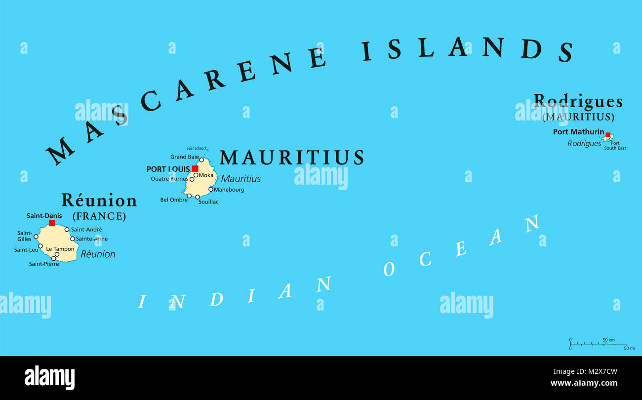 Mascarene Islands political map with capitals, consisting of Mauritius, Reunion and Rodrigues. Mascarenhas Archipelago, a group of islands. Stock Photo