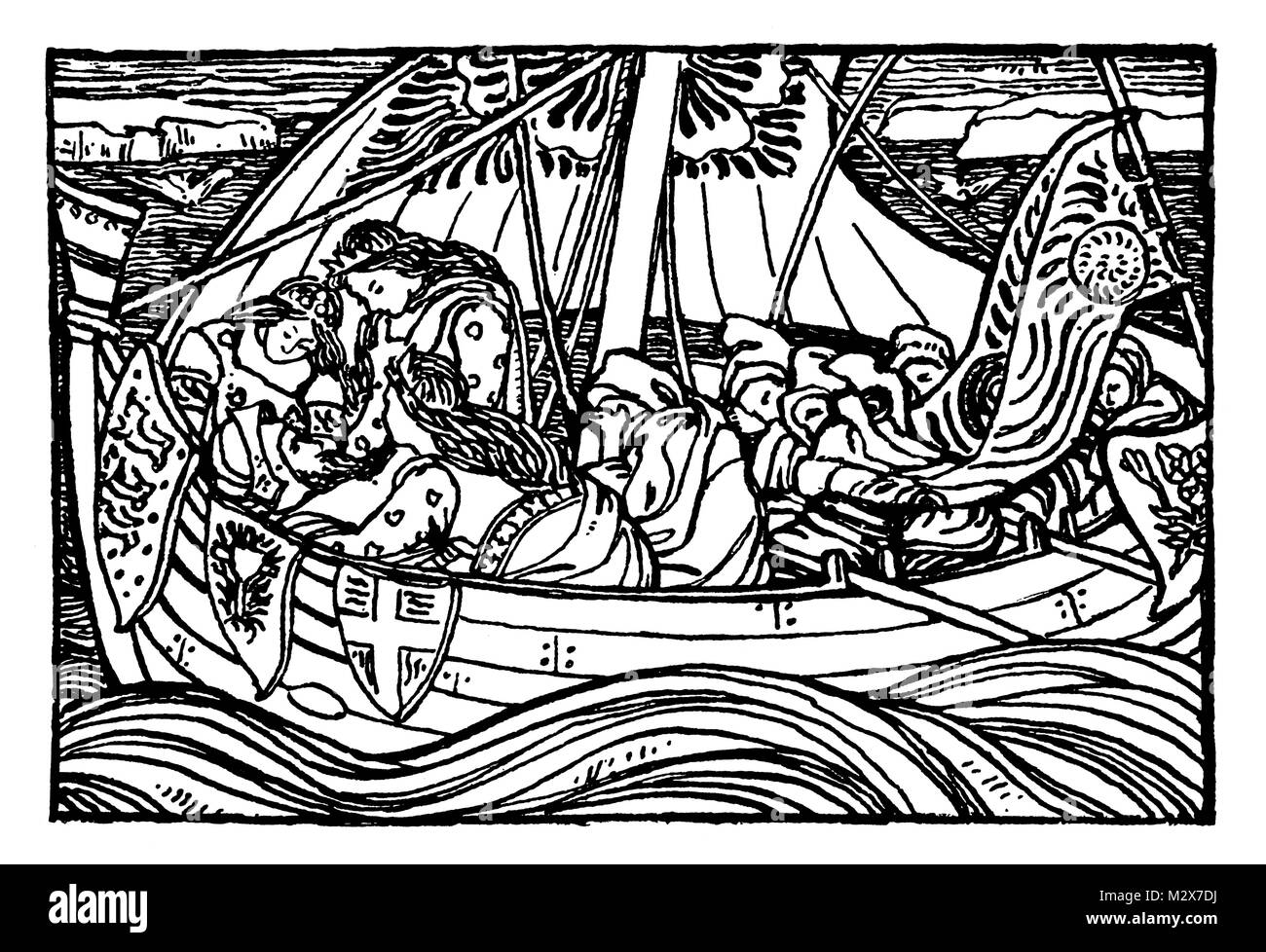 The Passing of Arthur, Arthurian legend line illustration design by Mary L Newill from 1895 The Studio an Illustrated Magazine of Fine and Applied Art Stock Photo