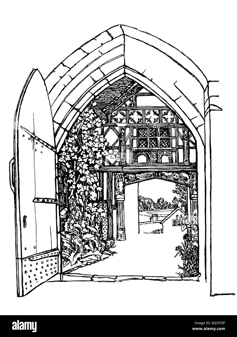 Gateway, Stokesay Castle, Shropshire, line illustration design by Mary Jane Newill from 1895 The Studio an Illustrated Magazine of Fine and Applied Ar Stock Photo
