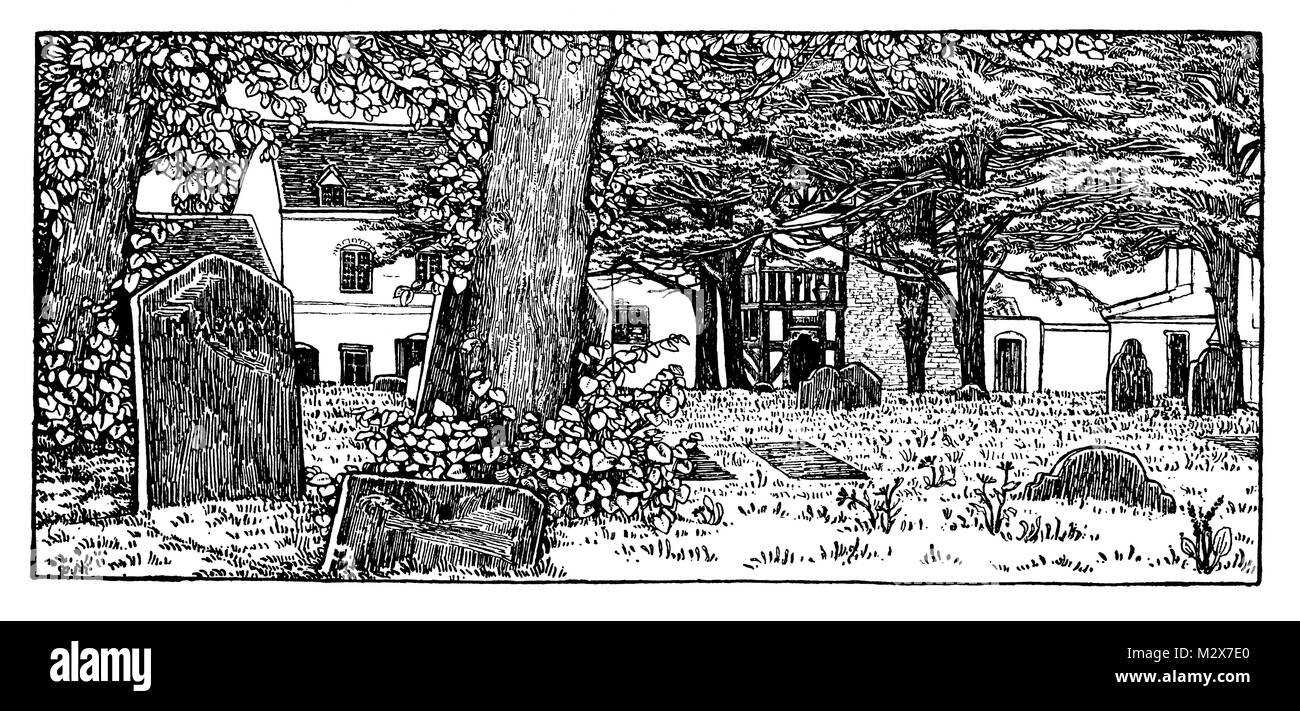 Churchyard, Ludlow, Shropshire, line illustration design by Mary Jane Newill from 1895 The Studio an Illustrated Magazine of Fine and Applied Art Stock Photo