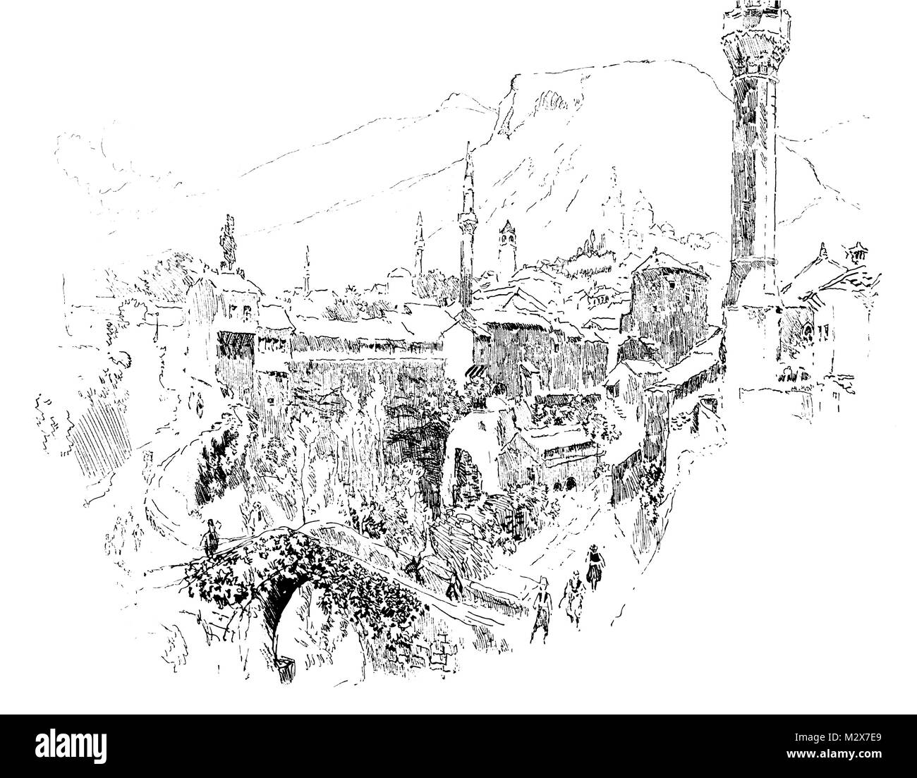 A Street in Mostar, Bosnia and Herzegovinia in 1880s, pen and ink sketch by Joseph Pennell from 1895 The Studio an Illustrated Magazine of Fine and Ap Stock Photo
