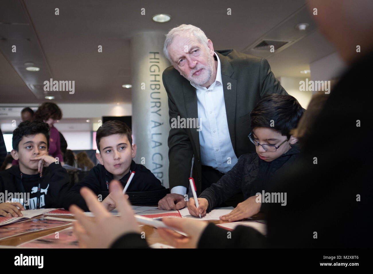 Labour leader Jeremy Corbyn joins school children at the Emirates Stadium in London where he spoke to the Show Racism the Red Card event to make children more aware of race issues and how to address them. Stock Photo