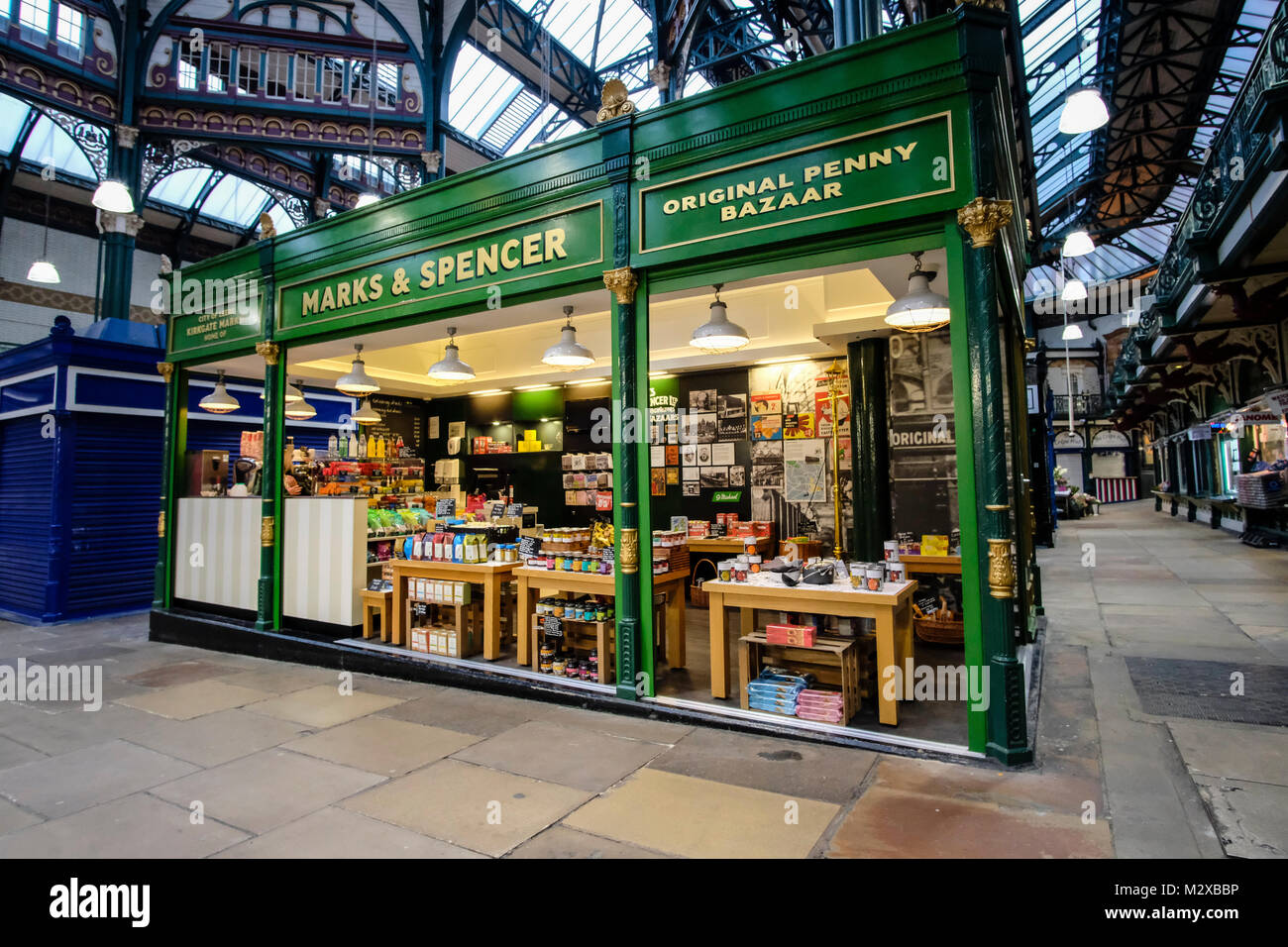 The Penny Bazaar: Marks & Spencer goes back to its roots by opening shop in Leeds Market where founder first set up stall 130 years ago. Stock Photo