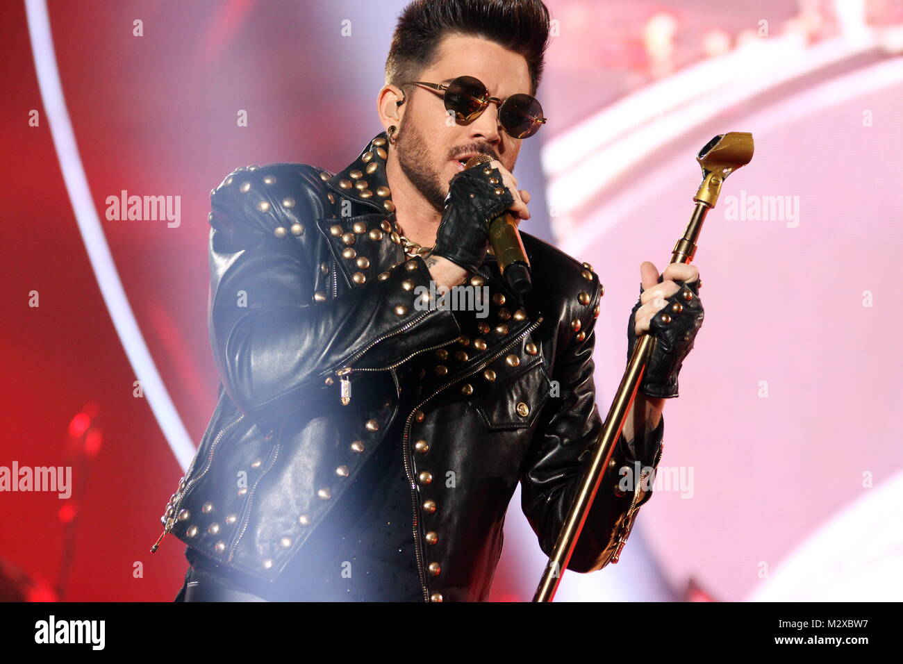 Frankfurt, Germany. 7th Feb, 2015. Queen + Adam Lambert, collaboration between the active members of the British rock band Queen (Brian May and Roger Taylor) and American vocalist Adam Lambert. Concert at Festhalle Frankfurt, Germany. Here: Adam Lambert. Credit: Christian Lademann Stock Photo