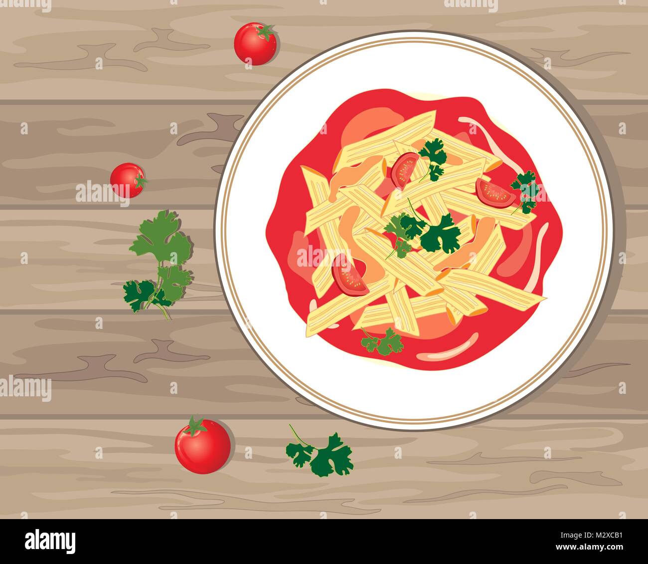 an illustration of a plate of savory penne pasta shapes with rich tomato  sauce and parsley garnish with cherry tomatoes on a wooden background Stock  Vector Image & Art - Alamy