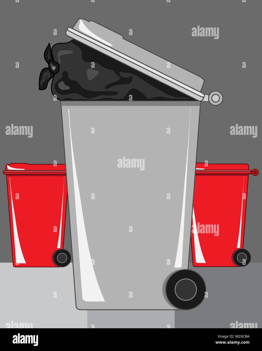 an illustration of a gray refuse bin with a bag of rubbish showing and