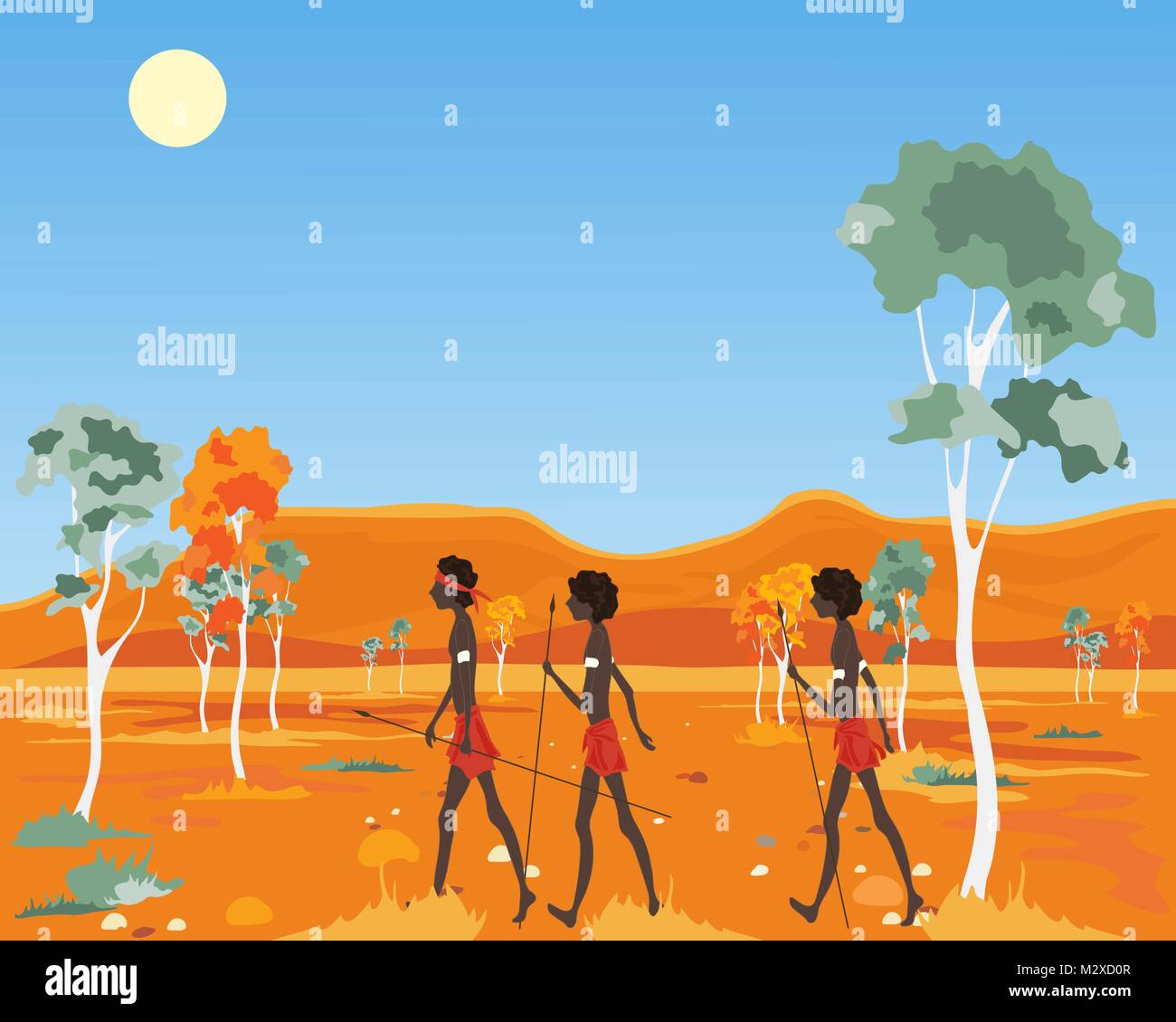 an illustration of native australian people walking across the outback in hot weather with eucalyptus trees rocks and mountains Stock Vector