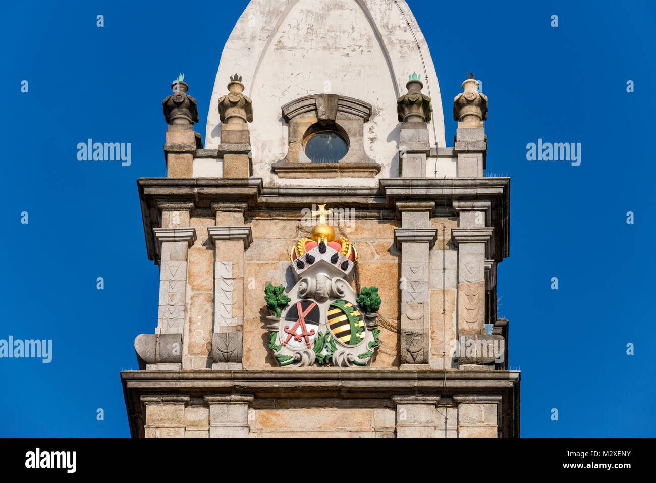 Coat of arms of Electorate of Saxony at Reichenturm (Tower of the Rich), leaning tower in Bautzen, Upper Lusatia region of Saxony, Germany Stock Photo