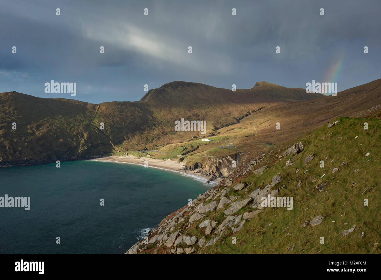Rainbow above Keem Bay, Achill Island, County Mayo, Ireland. Stock Photo