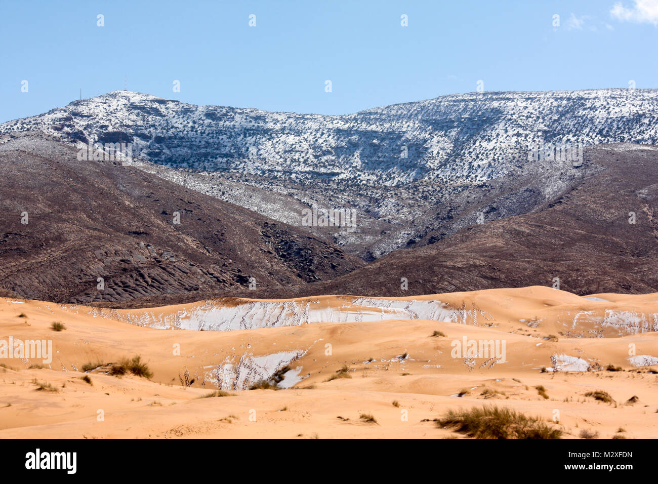 The snow in the Sahara Desert on Tuesday morning (Feb 6th) near Ain Sefra ,Algeria.The snow fell on Monday afternoon but has yet to melt,normally the snow melts within hours of it falling.  Locals were stunned to see snow on the SAND DUNES in the Sahara Desert  after it snowed for the second time this year, following nearly four decades without it. Stock Photo