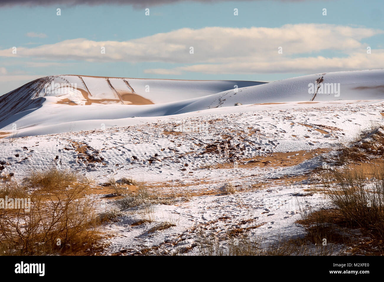 The snow in the Sahara Desert on Tuesday morning (Feb 6th) near Ain Sefra ,Algeria.The snow fell on Monday afternoon but has yet to melt,normally the snow melts within hours of it falling.  Locals were stunned to see snow on the SAND DUNES in the Sahara Desert  after it snowed for the second time this year, following nearly four decades without it. Stock Photo