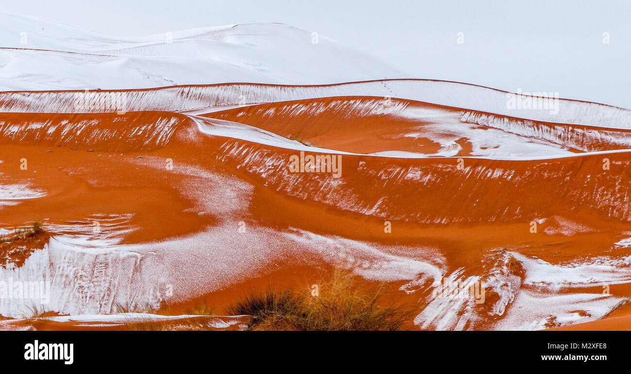 The snow in the Sahara Desert on Tuesday morning (Feb 6th) near Ain Sefra ,Algeria.The snow fell on Monday afternoon but has yet to melt,normally the snow melts within hours of it falling.  Locals were stunned to see snow on the SAND DUNES in the Sahara Desert  after it snowed for the second time this year, following nearly four decades without it. Stock Photo