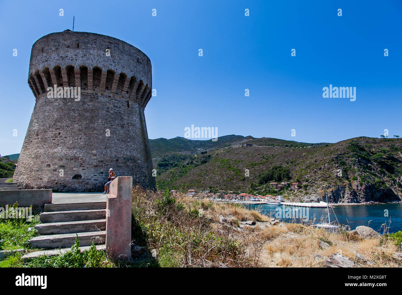 Capraia Island, Arcipelago Toscano National Park, Tuscany, Italy - the tower of the port with sea views Stock Photo