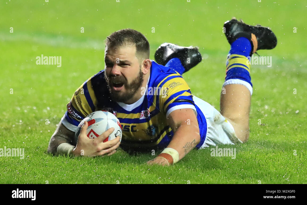 Leeds Rhinos' Adam Cuthbertson dives in to score his sides first try during the Betfred Super League match at Elland Road, Leeds. Stock Photo