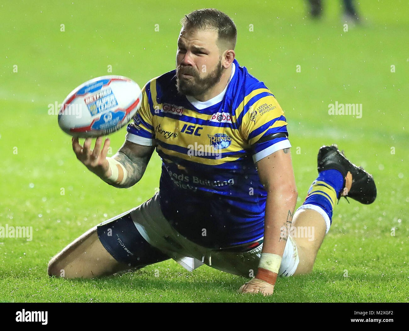 Leeds Rhinos' Adam Cuthbertson dives in to score his sides first try during the Betfred Super League match at Elland Road, Leeds. Stock Photo
