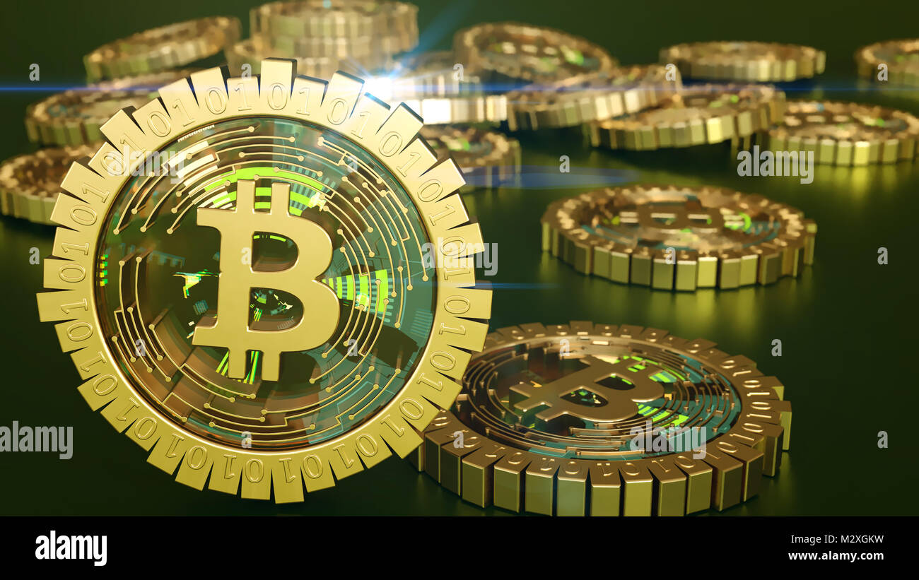 3D model of the bitcoin logo gold coins that scatter in different  directions. Mining. 3D rendering Stock Photo - Alamy
