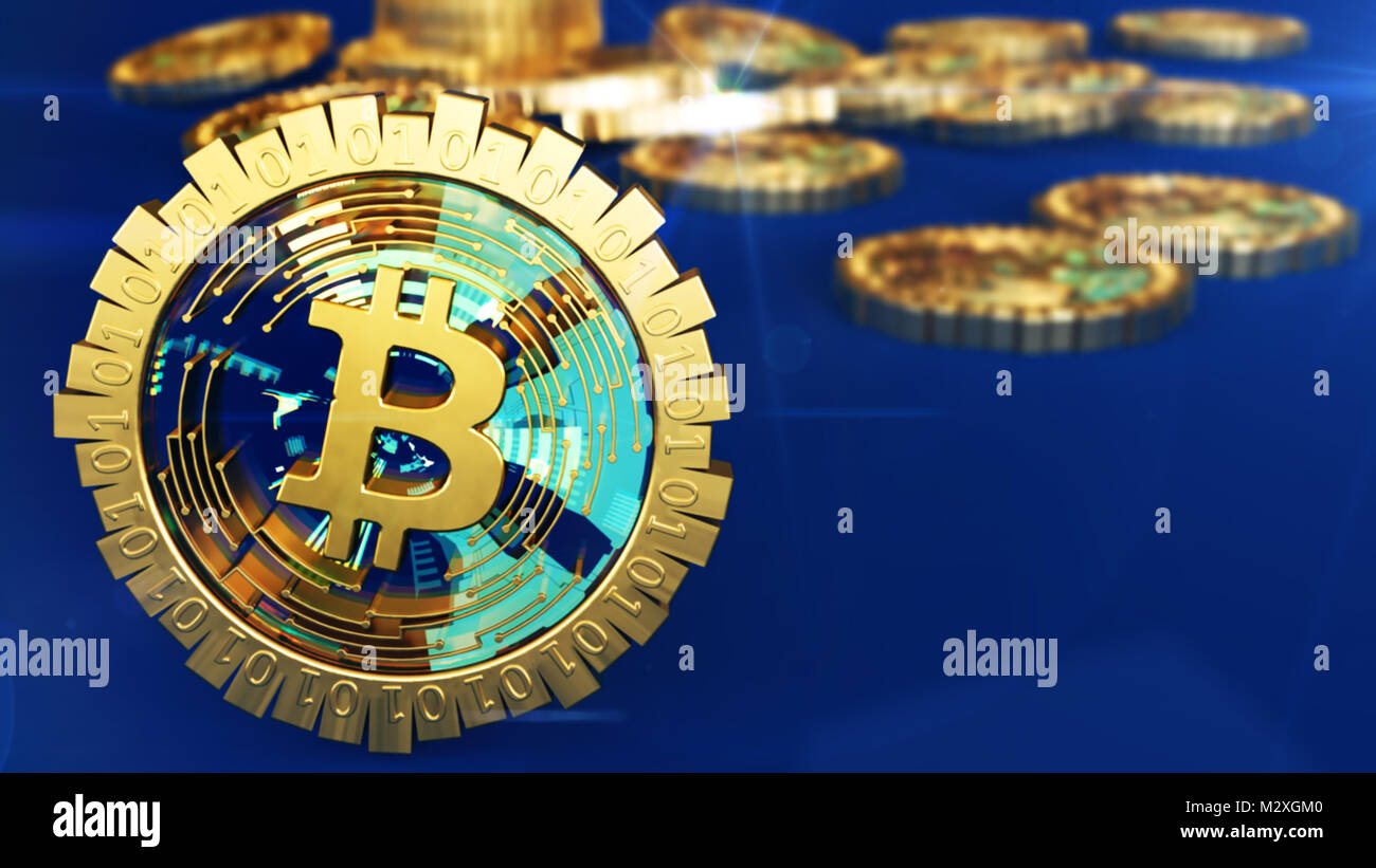 3D model of the bitcoin logo gold coins that scatter in different  directions. Mining. 3D rendering Stock Photo - Alamy