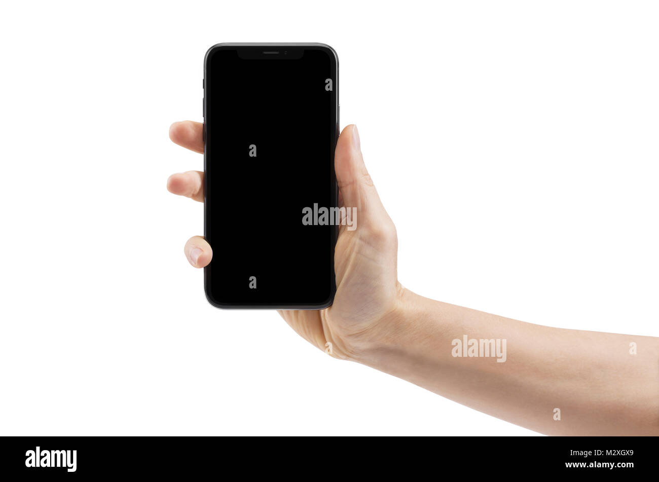 Woman hand holding Apple iPhone X, large screen smartphone, with blank black screen. The phone is isolated on white background with a clipping path. Stock Photo
